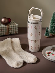 Cream 900ml Gingerbread Print Stainless Steel Water Bottle and Cosy Socks Christmas Gift Set - Image 1 of 5