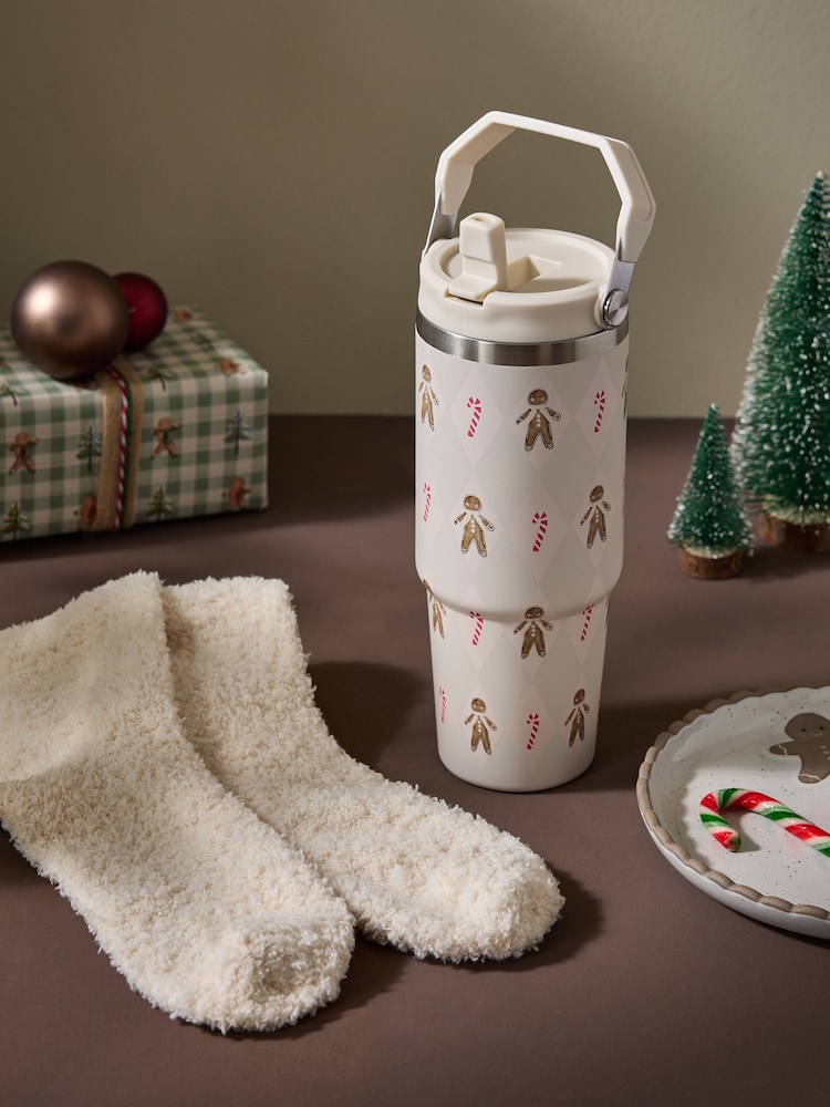 Cream 900ml Gingerbread Print Stainless Steel Water Bottle and Cosy Socks Christmas Gift Set - Image 1 of 5