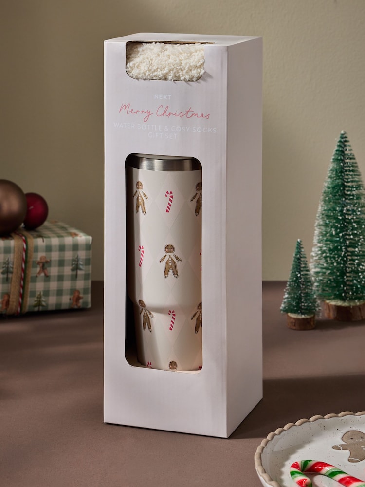 Cream 900ml Gingerbread Print Stainless Steel Water Bottle and Cosy Socks Christmas Gift Set - Image 2 of 5