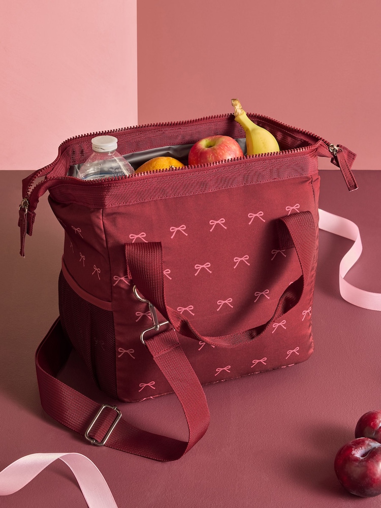 Burgundy Red Bow Print Lunch Bag - Image 2 of 3 Burgundy Red Bow Print Lunch Bag - Image 2 of 3