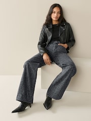 Grey Leopard Wide Leg Denim Jeans - Image 1 of 5
