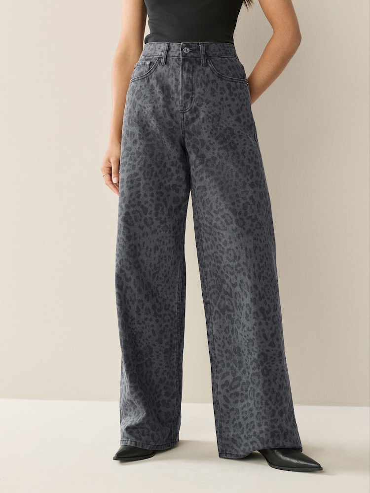 Grey Leopard Wide Leg Denim Jeans - Image 2 of 5 Grey Leopard Wide Leg Denim Jeans - Image 2 of 5