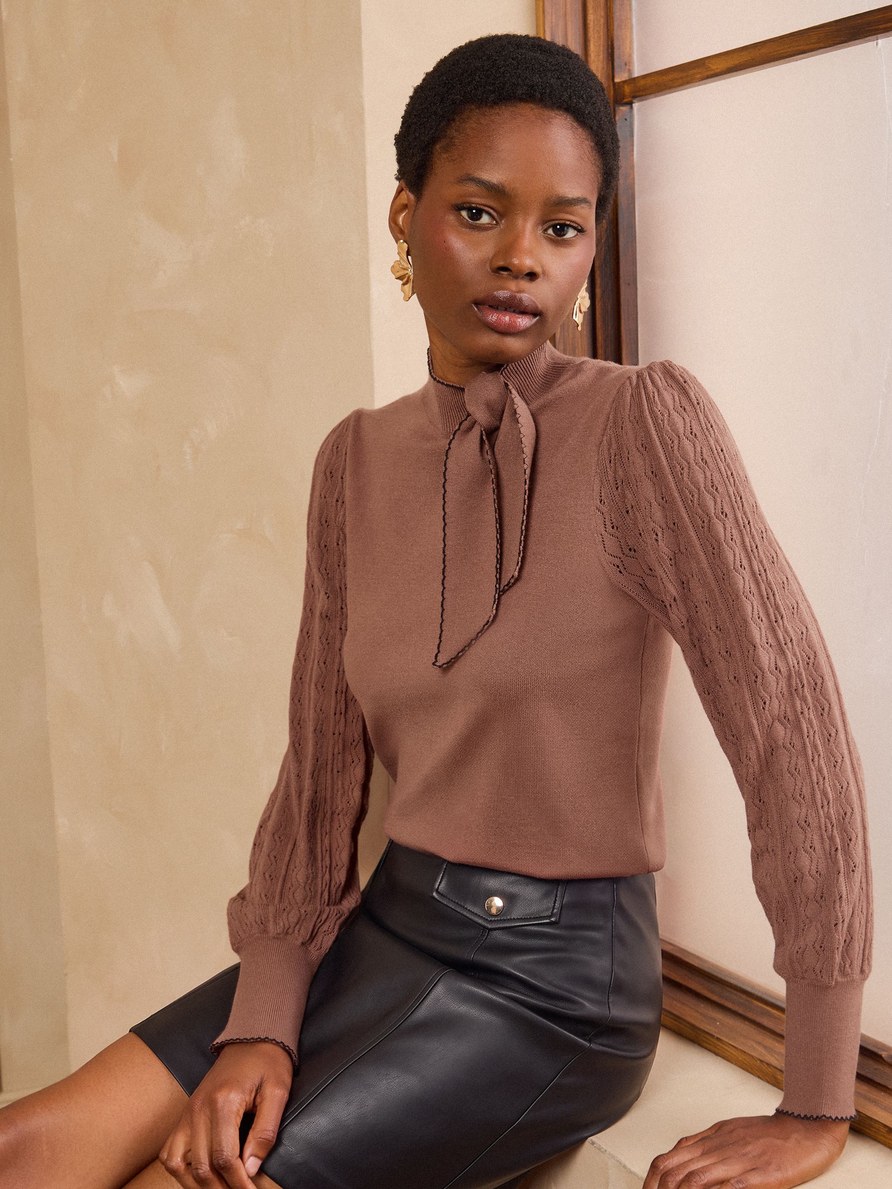 Buy Love & Roses Chocolate Brown Tie Neck Long Sleeve Stitch