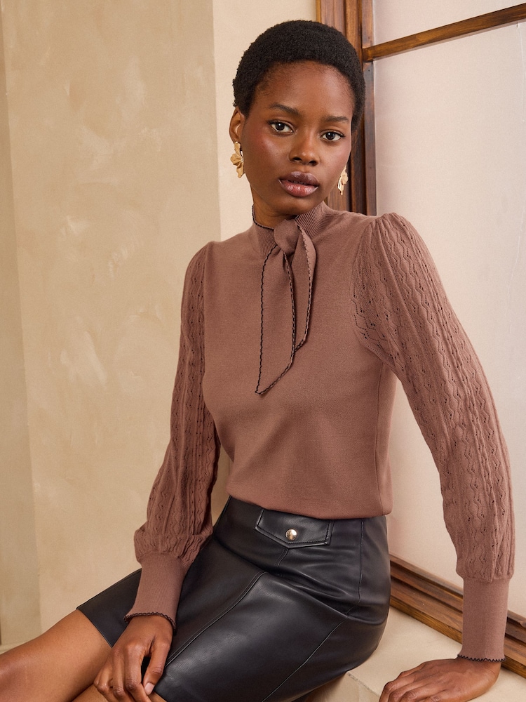 Love & Roses Chocolate Brown Tie Neck Long Sleeve Stitch Detail Knitted Top - Image 1 of 4 Love & Roses Chocolate Brown Tie Neck Long Sleeve Stitch Detail Knitted Top - Image 1 of 4