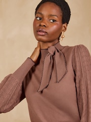 Love & Roses Chocolate Brown Tie Neck Long Sleeve Stitch Detail Knitted Top - Image 2 of 4