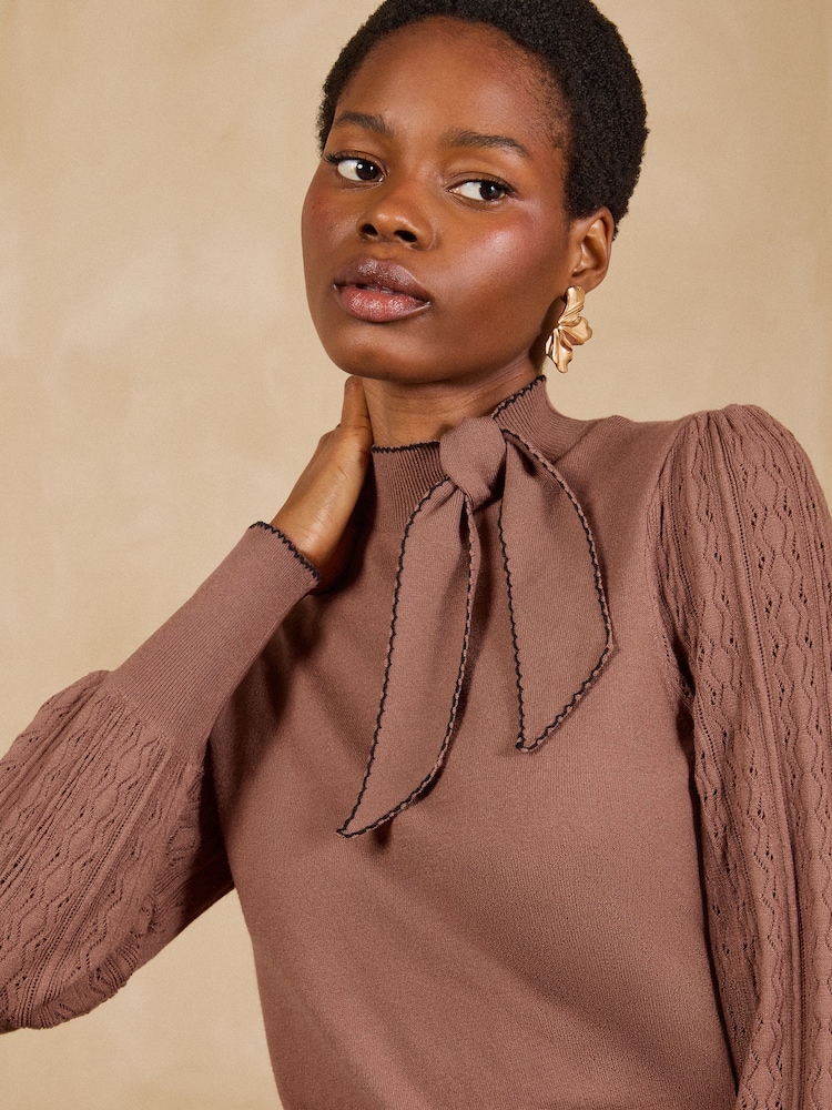 Love & Roses Chocolate Brown Tie Neck Long Sleeve Stitch Detail Knitted Top - Image 2 of 4 Love & Roses Chocolate Brown Tie Neck Long Sleeve Stitch Detail Knitted Top - Image 2 of 4