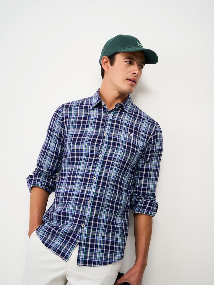 Crew Clothing Blue Long Sleeve Linen Check Shirt - Image 1 of 5