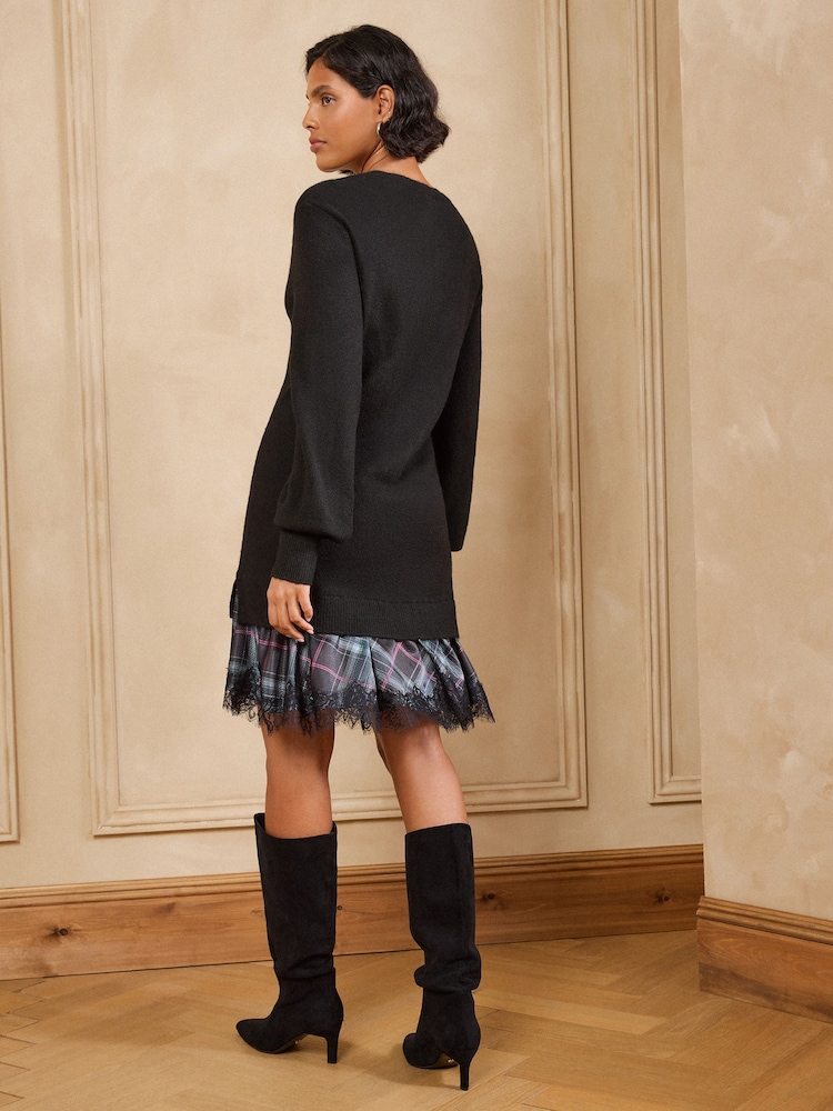 Love & Roses Black Checked Woven Mix Crew Neck Knitted Mini Dress - Image 5 of 5 Love & Roses Black Checked Woven Mix Crew Neck Knitted Mini Dress - Image 5 of 5
