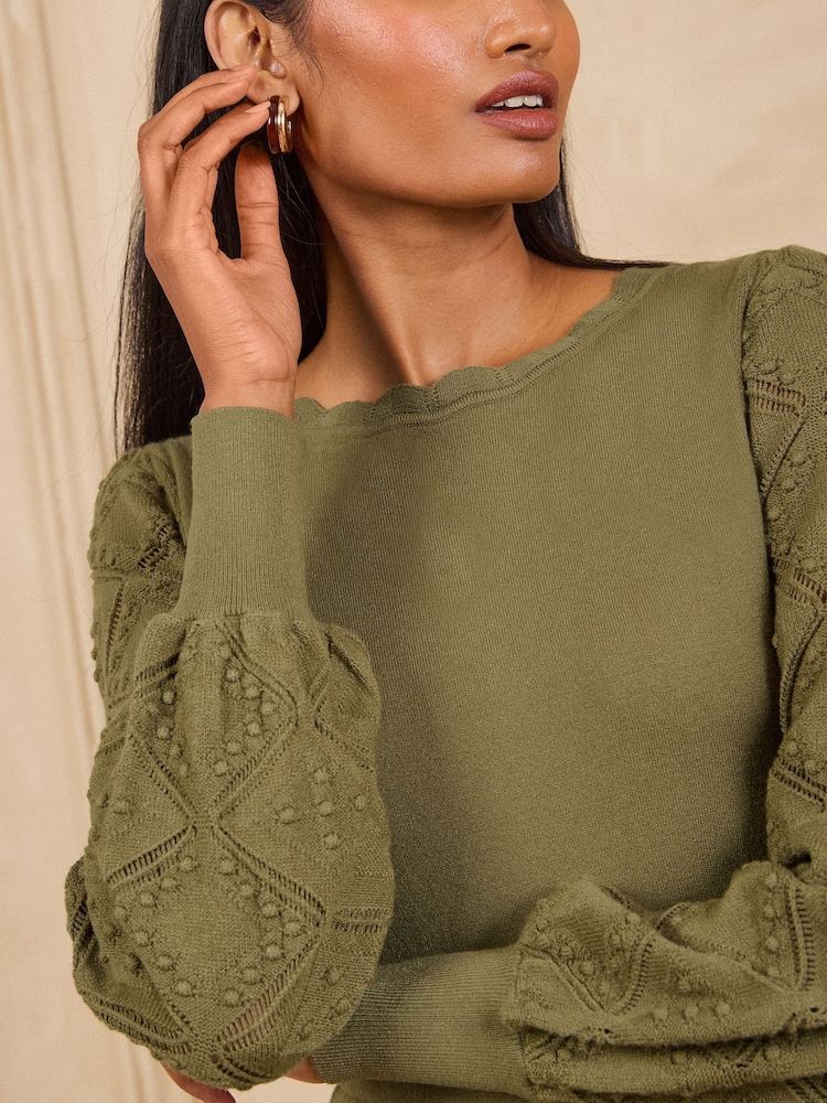 Χακί πράσινο - Love & Roses Slash Neck Scalloped Knitted Mini Dress - Εικόνα 2 από 4