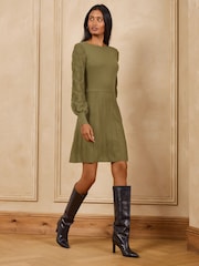 Χακί πράσινο - Love & Roses Slash Neck Scalloped Knitted Mini Dress - Εικόνα 4 από 4