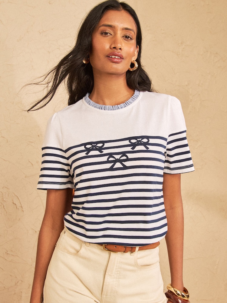 Love & Roses White and Navy Short Sleeve Stripe Bow Top - Image 1 of 5