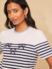 Love & Roses White and Navy Short Sleeve Stripe Bow Top - Image 2 of 5