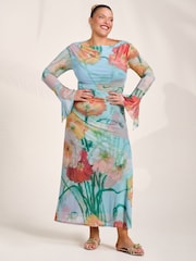 Jolie Moi Blue Long Sleeve Slash Neck Mesh Maxi Dress - Image 1 of 6