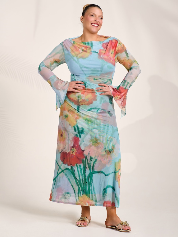 Jolie Moi Blue Long Sleeve Slash Neck Mesh Maxi Dress - Image 1 of 6