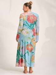 Jolie Moi Blue Long Sleeve Slash Neck Mesh Maxi Dress - Image 2 of 6