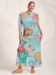 Jolie Moi Blue Long Sleeve Slash Neck Mesh Maxi Dress - Image 4 of 6