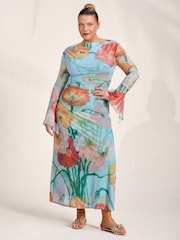 Jolie Moi Blue Long Sleeve Slash Neck Mesh Maxi Dress - Image 5 of 6