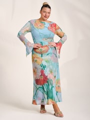 Jolie Moi Blue Long Sleeve Slash Neck Mesh Maxi Dress - Image 6 of 6