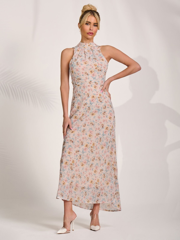 Jolie Moi Natural Chiffon Halterneck Midaxi Dress - Image 1 of 6
