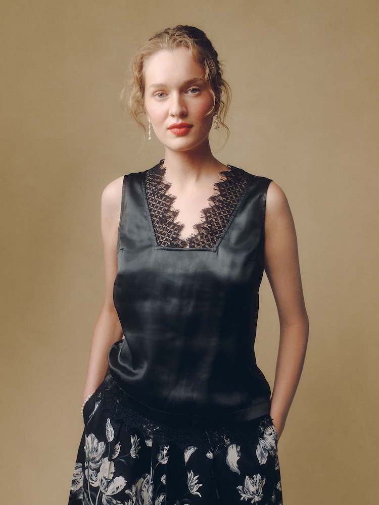 Laura Ashley Black Lace Trim V-Neck Cami Top - Image 1 of 8 Laura Ashley Black Lace Trim V-Neck Cami Top - Image 1 of 8