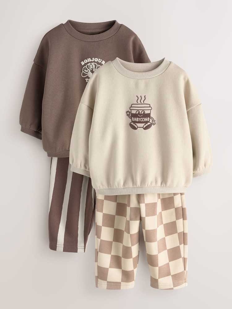 Brown/Cream Crew Neck Joggers Set 4 Piece (3mths-7yrs) - Image 1 of 8 Brown/Cream Crew Neck Joggers Set 4 Piece (3mths-7yrs) - Image 1 of 8