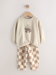 Brown/Cream Crew Neck Joggers Set 4 Piece (3mths-7yrs) - Image 4 of 8