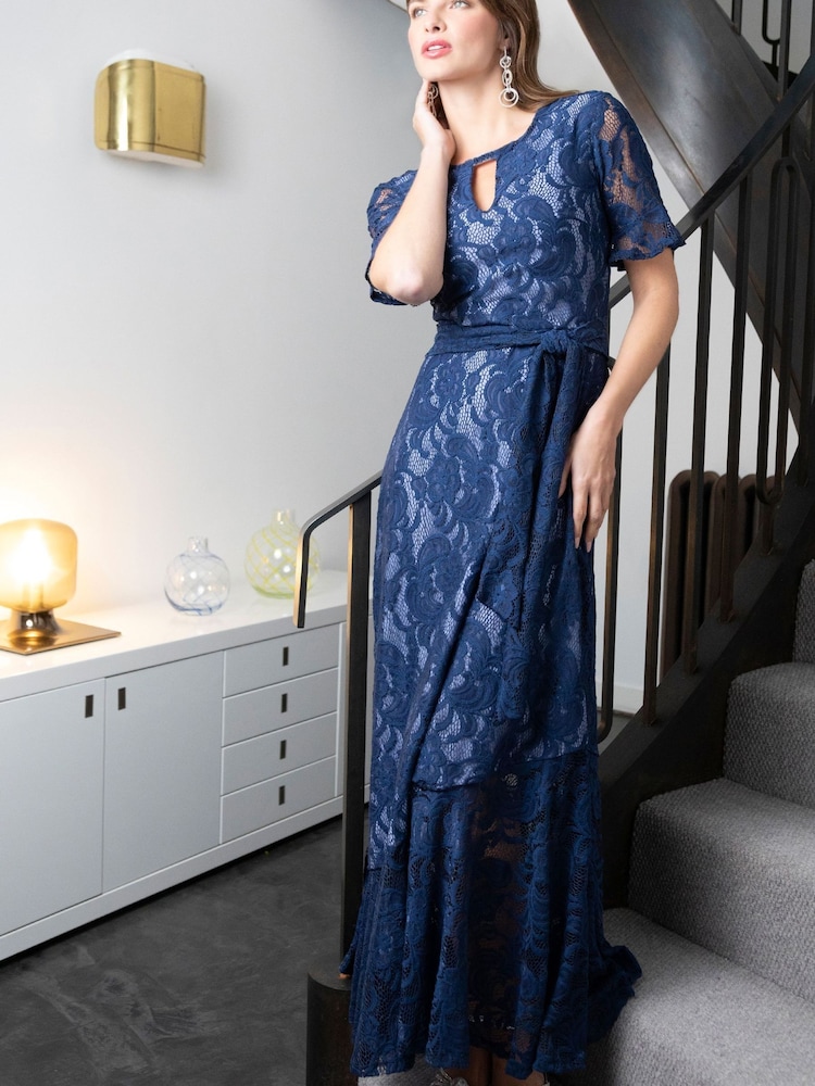 Womens Hot Squash Blue Asymmetric Lace Keyhole Dress US 12