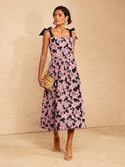 Love & Roses Pink Textured Puffball Tie Shoulder Midi Dress - Image 1 of 5