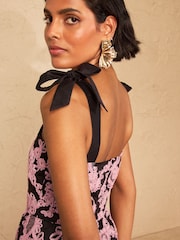Love & Roses Pink Textured Puffball Tie Shoulder Midi Dress - Image 2 of 5