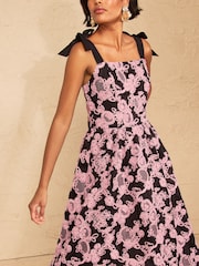 Love & Roses Pink Textured Puffball Tie Shoulder Midi Dress - Image 3 of 5