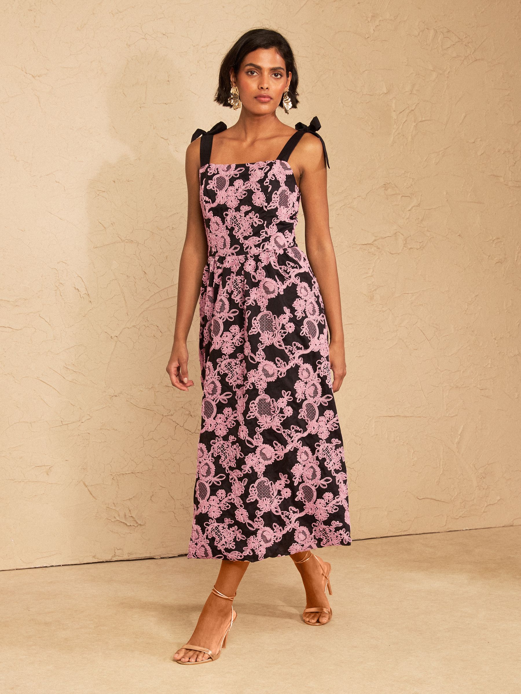 Buy Love & Roses Pink Textured Puffball Tie Shoulder Midi Dress