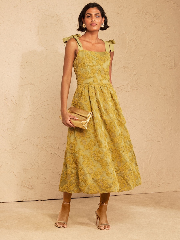 Love & Roses Ochre Yellow Textured Puffball Tie Shoulder Midi Dress - Image 1 of 5 Love & Roses Ochre Yellow Textured Puffball Tie Shoulder Midi Dress - Image 1 of 5