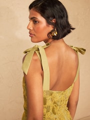 Love & Roses Ochre Yellow Textured Puffball Tie Shoulder Midi Dress - Image 2 of 5