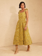 Love & Roses Ochre Yellow Textured Puffball Tie Shoulder Midi Dress - Image 3 of 5