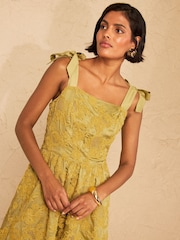Love & Roses Ochre Yellow Textured Puffball Tie Shoulder Midi Dress - Image 4 of 5