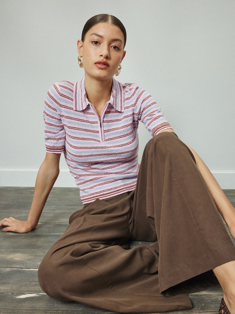 Pink/Blue Stripe Quarter Zip Short Sleeve Knitlook Polo Shirt - Image 1 of 4 Pink/Blue Stripe Quarter Zip Short Sleeve Knitlook Polo Shirt - Image 1 of 4