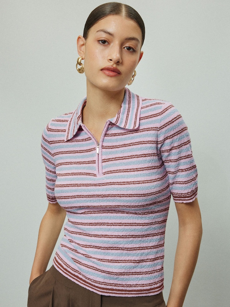 Pink/Blue Stripe Quarter Zip Short Sleeve Knitlook Polo Shirt - Image 2 of 4 Pink/Blue Stripe Quarter Zip Short Sleeve Knitlook Polo Shirt - Image 2 of 4