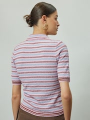 Pink/Blue Stripe Quarter Zip Short Sleeve Knitlook Polo Shirt - Image 3 of 4