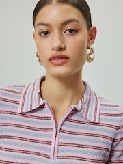 Pink/Blue Stripe Quarter Zip Short Sleeve Knitlook Polo Shirt - Image 4 of 4