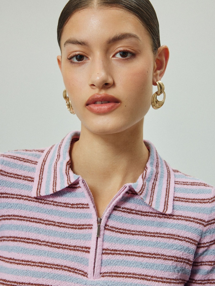 Pink/Blue Stripe Quarter Zip Short Sleeve Knitlook Polo Shirt - Image 4 of 4 Pink/Blue Stripe Quarter Zip Short Sleeve Knitlook Polo Shirt - Image 4 of 4