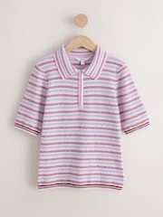 Roz/albastru în dungi - Tricou polo cu mânecă scurtă și fermoar pe un sfert, aspect tricotat - Imaginea 5 din 7