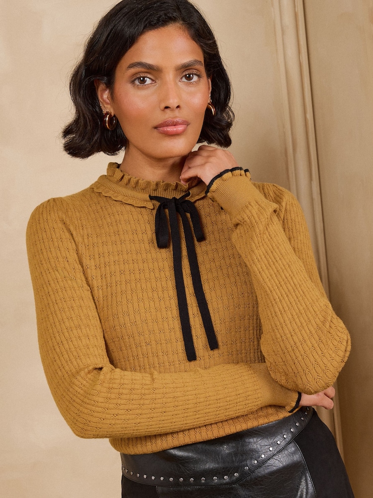 Love & Roses Ochre Yellow Frilled High Neck Tie Detail Long Sleeve Knitted Top - Image 1 of 5