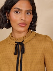 Love & Roses Ochre Yellow Frilled High Neck Tie Detail Long Sleeve Knitted Top - Image 2 of 5