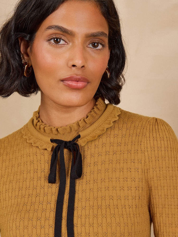 Love & Roses Ochre Yellow Frilled High Neck Tie Detail Long Sleeve Knitted Top - Image 2 of 5
