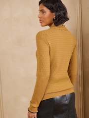 Love & Roses Ochre Yellow Frilled High Neck Tie Detail Long Sleeve Knitted Top - Image 4 of 5