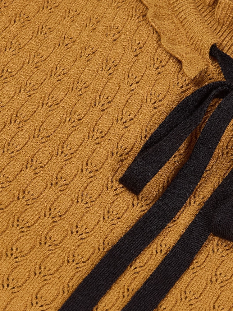 Love & Roses Ochre Yellow Frilled High Neck Tie Detail Long Sleeve Knitted Top - Image 5 of 5