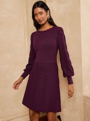Love & Roses Burgundy Red Petite Boat Neck Scalloped Knitted Mini Dress - Image 1 of 5