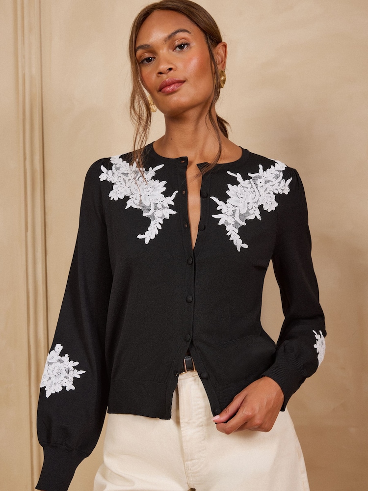 Love & Roses Monochrome Lace Detail Crew Neck Knitted Cardigan - Image 1 of 4