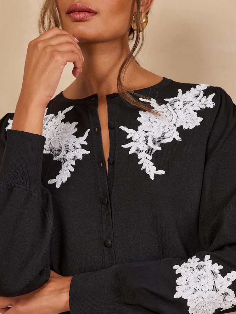 Love & Roses Monochrome Lace Detail Crew Neck Knitted Cardigan - Image 2 of 4