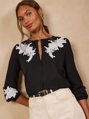 Love & Roses Monochrome Lace Detail Crew Neck Knitted Cardigan - Image 4 of 4